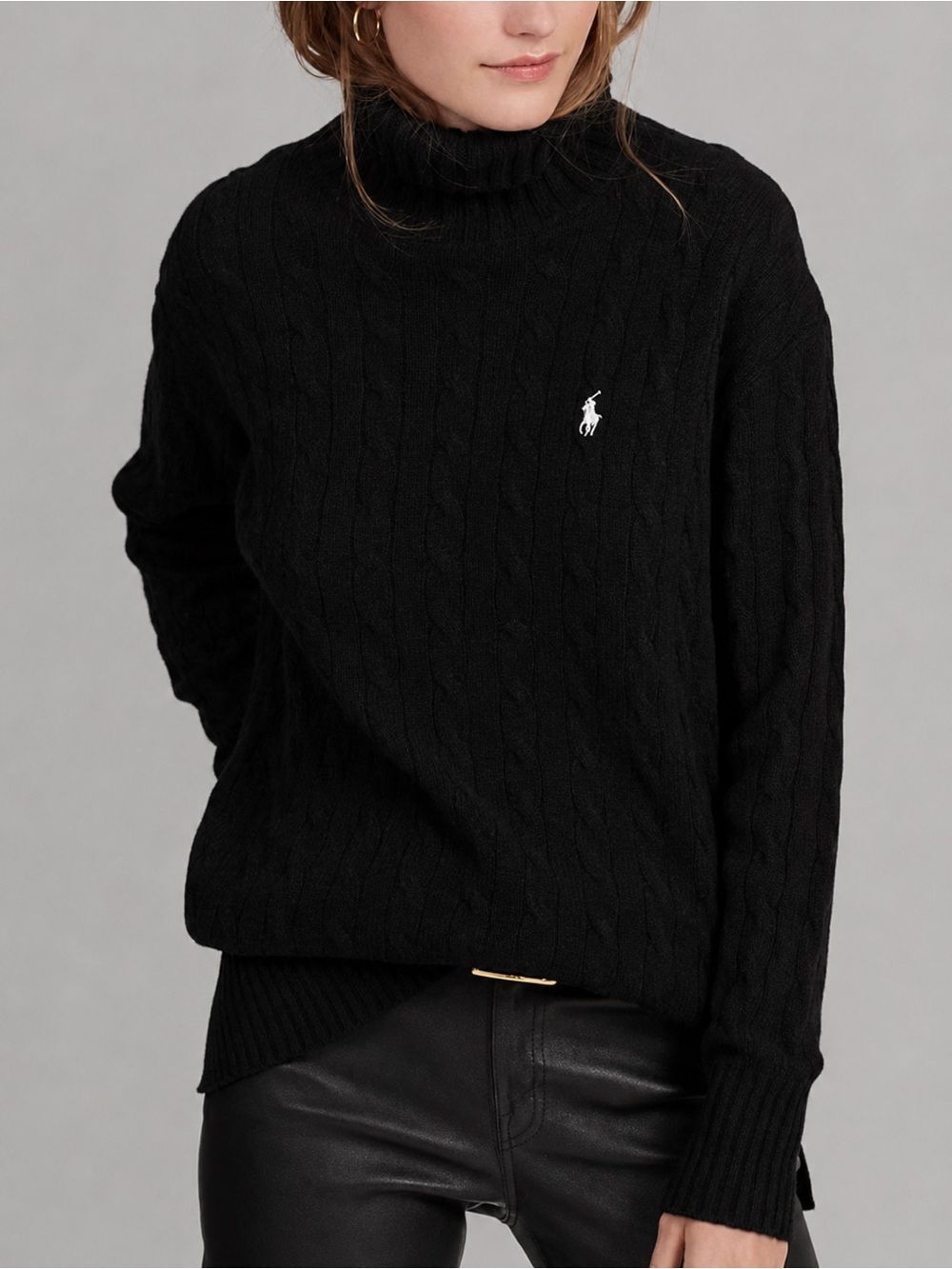 Ralph Lauren Black Cable-Knit Wool/Cashmere Mock Neck Sweater L Polo Logo